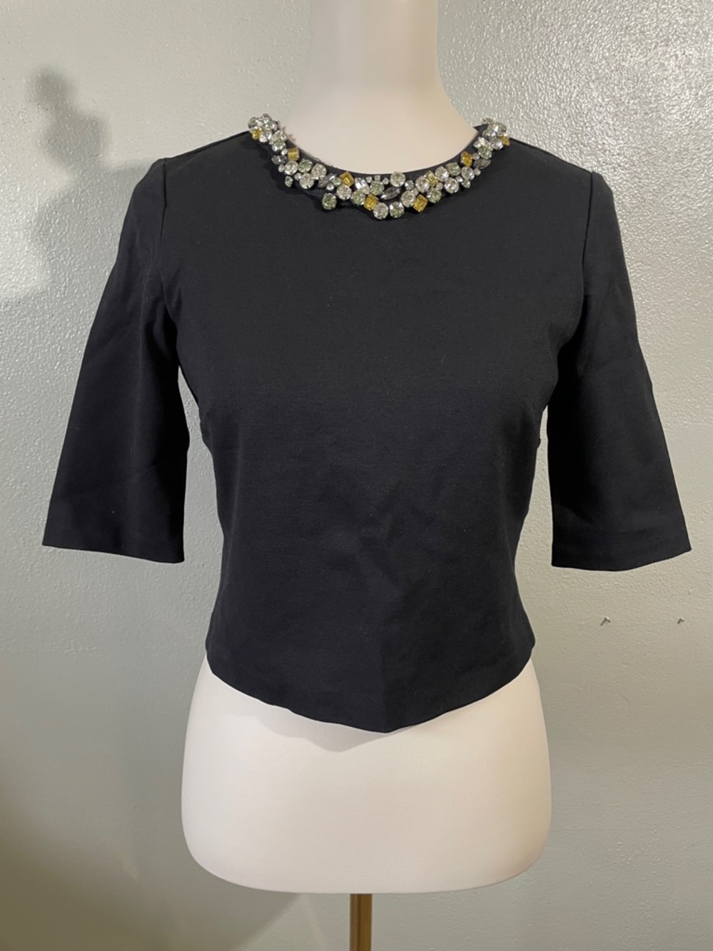 Eliza J Rhinestone Necklace Collar Top Black Knit Short Sleeve Blouse Sz 4 Chic